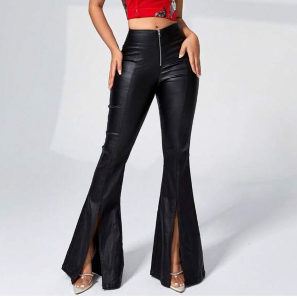 Black Faux Leather front Slip Flare Leggings Pants